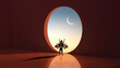 © Konstantin Yuganov - Dream Big Concept . Child with Toy Jetpack Gazes at Crescent Moon Through Round Window at Night