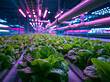 © Thanakorn - Hydroponic lettuce green leafy vegetable growing in automated indoor farm under pink LED light modern agriculture sustainable food production healthy fresh technology