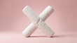 © Saim - White fabric bandage roll shaped as cross symbol against soft pink background represents medical aid first aid kit essentials and emergency healthcare recovery.