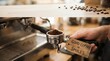 © naiana - A close-up of a portafilter from an espresso machine conveying the idea that a good coffee brings a smile representing the joy of coffee and barista work portafilter espresso machine coffee good