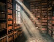 © Ugan - Sunlight streaming into old library filled with vintage bookshelves
