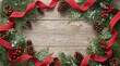 © IMAGE STORE - Christmas background with evergreen branches, red ribbon, pine cones and holly berries on rustic wooden background
