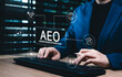 © Sandwish - AEO Answer Engine Optimization concept. Person using computer with interface of artificial intelligence chat bot, smart AI search algorithm, web query visibility, content marketing, technology ranking