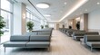 © Viktor - Empty modern waiting room in bright medical clinic hospital. Rows of gray leather sofas, chairs stand on light wood floor. Large windows provide natural light in clean minimalist interior design with
