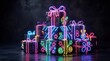 © FryArt - Stacked gift boxes with colorful neon light ribbons and festive decorations