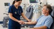 © Keanu - Caring nurse monitors patient receiving dialysis treatment in a modern clinic.