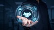 © CuteBee - Businessman hand presenting glowing handshake icon surrounded by team management and productivity symbols for corporate partnership and successful business collaboration