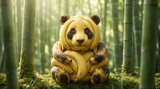 Banana panda sculpture sits amongst lush green bamboo stalks