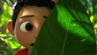 © mega - Cartoon boy hiding behind green leaf.