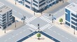 © Marmi - Modern urban zebra crossing at a clean city intersection with traffic lights, sidewalks, road signs and bicycle lane in minimalist flat style.