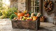 © MDASHIR - Rustic wooden crate full of seasonal harvest vegetables for fall display.