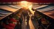 © Mukha - A bustling traditional street market filled with fresh local produce and vibrant atmosphere during a warm golden sunset