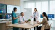 © Blur backgrounds - Medical professionals and staff members hold a collaborative meeting in a hospital conference room. They discuss patient data displayed on large digital screens and monitors.