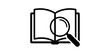 © SAJID - Simple open book outline icon with magnifying glass on alpha backdrop.