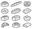 © ROFIK - Set of hand drawn bakery and bread icons featuring various artisan loaves pretzel bagel croissant baguette vector illustrations bread types artisan loaf bagel drawing croissant sketch baked goods