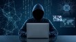 © Pixim Stock - Anonymous hooded hacker working on laptop amidst glowing digital network binary data and world map graphics depicts cybersecurity threat and online data breach.