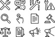 © KCP Pal - Set of black and white outline business communication and law icons with scales document magnifier and megaphone line art business document