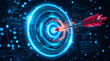 © Mirivox - Red arrow hitting digital target with binary code and circuit board pattern, symbolizing accuracy, achievement, and technology