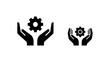© MstPoliAkther - Gear icon in hands black and white vector for settings maintenance and service concept.