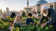 © AlfaSmart - Muslim family gardening together on a rooftop beside a mosque. Community farming, intergenerational learning, sustainable urban agriculture, and healthy food production in a city setting.