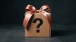 © Stock Art - Brown cardboard gift box tied with a satin ribbon and a question mark symbol on a dark textured surface