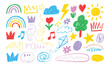 © MdRuhul - A colorful collection of hand drawn doodle elements featuring rainbows stars clouds crowns flowers sun hearts musical notes and geometric shapes