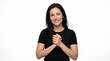 © Hasbian - Smiling woman with clasped hands looking hopeful and curious against a white background
