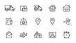 © Takbir Gazi - Delivery and location pin icons with houses and shipping vans in outline style delivery location shipping transport navigation destination logistic