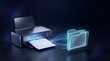 © Abuzafran - Cloud Document Printing With Glowing Neon Digital Folder And Binary Data Stream On Dark Background