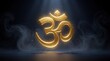 © TransPicHub - A glowing golden Om symbol illuminated by a spotlight, surrounded by floating particles and a misty dark background.
