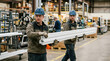 © Andrii  - Industrial Workers Carrying Long Extruded Profiles on Modern Factory Production Floor