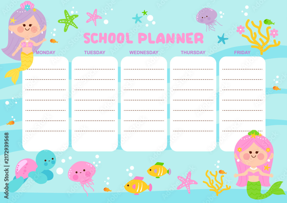 Mermaid school subject planner for children. Cute mermaid princess girl ...