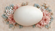© Oksana - Against a light beige textured background, a smooth, pure white oval egg sits in the center of the image, surrounded by three-dimensional relief-style pink peonies, small white flowers