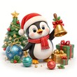© Johnem Ag - Cute 3D Christmas Penguin with Golden Bell Tree Gifts Ornaments and Red Scarf Festive Holiday Illustration