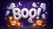 © Mahmuda - A festive halloween background featuring the word boo written in white balloon letters surrounded by cute cartoon ghosts glowing jack o lanterns and twinkling stars