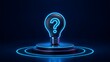 © GalleryVisualLab - Innovation and problem solving concept with glowing neon question mark inside dark lightbulb on display pedestal