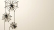 © Shimu - 3D Halloween spider web corner border with hanging black spiders on light background