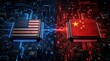 © TransPicHub - US and China technology represented by microchips with their flags, connected by electric signals on a digital circuit board.