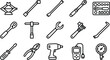 © Jasia - Set of fifteen black and white line art icons representing various automotive repair and maintenance hand tools