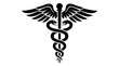 © simohamed - Black Caduceus symbol icon, medical staff with wings and snakes isolated on white background.