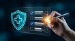 © Design Store - Healthcare insurance checklist being ticked off with digital pen on futuristic interface displaying medical shield symbol of protection and wellness concept.