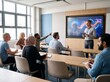 © Ruma - Corporate educator presents abstract data wave visualization on digital screen during workshop session for diverse group of professionals.