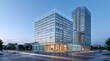 © Zaldy - Architectural digital twin concept showing glowing blue structural wireframe over modern commercial real estate corner