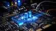 © Charlotte - Futuristic electronic circuit board macro shot featuring glowing blue capacitors and illuminated data pathways, representing advanced technology, artificial intelligence