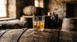 © Benjamin - Glass of amber whiskey with ice cubes resting on old wooden barrel in rustic distillery cellar, traditional alcohol production atmosphere, spirits and luxury lifestyle imagery
