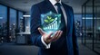 © Nusrat - Businessman in dark suit holding holographic shield with growing plant and bar chart signifying secure business development at night.