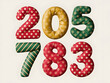 © REEMA - Quilted fabric numbers 2 0 5 7 8 3 in festive holiday patterns with soft studio lighting