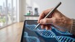 © Ranthi - Senior researcher hand using a digital stylus on a tablet displaying a glowing 3D DNA double helix, advanced biotechnology and genetic research concept