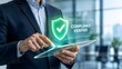 © MSTNAZMIN - A professional businessman using advanced digital technology to verify data compliance and secure information on a modern glass tablet screen