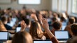 © Generative AI - Students raising hands in lecture hall with laptops
